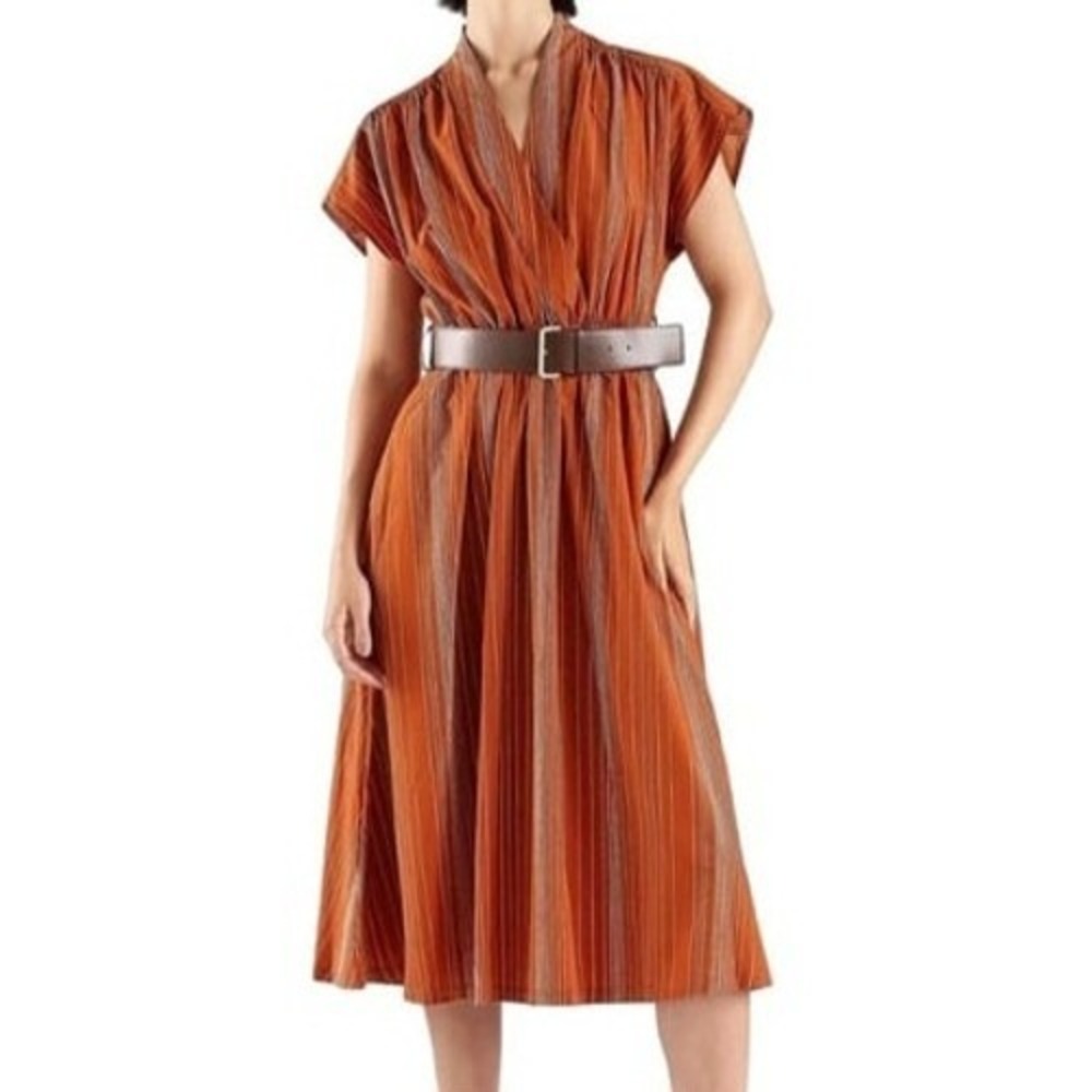 Calvin Klein Orange Stripe Surplice V Neck Belted Wrap Dress Womens Size 4 NWT